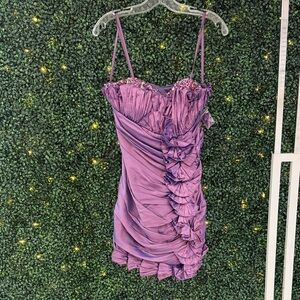 Mac Duggal Purple Ruched Strapless Cocktail Prom Dress with Beaded Bodice